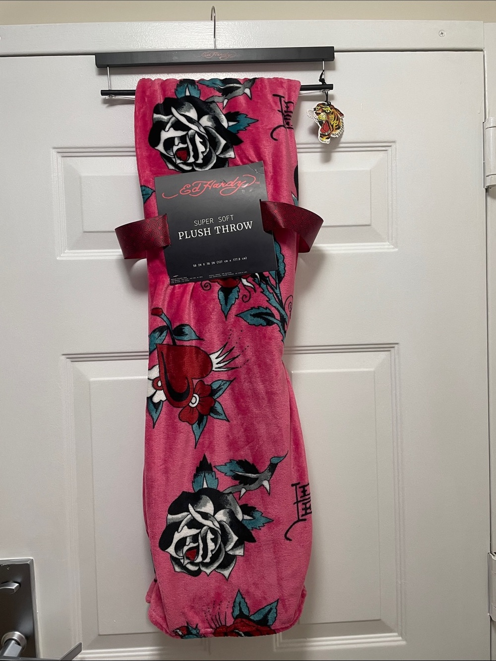 Ed Hardy Pink Floral Graphic Plush Throw